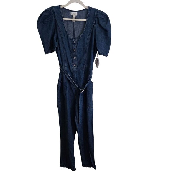 Jessica Simpson NWT Denim Puff Short Sleeve Scoop Neck Belted Jumpsuit Size L - Picture 2 of 6